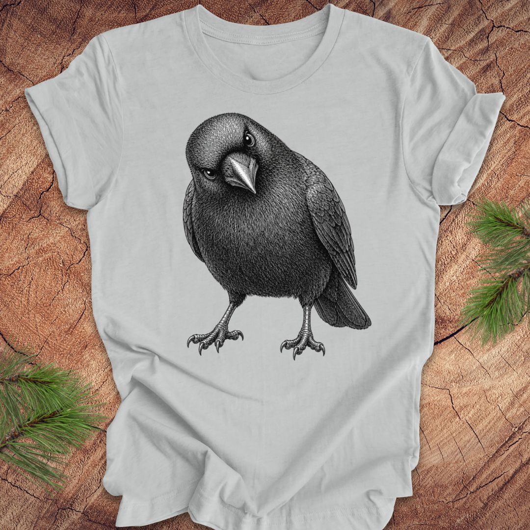 Gray t-shirt with a crow design on a wood background.