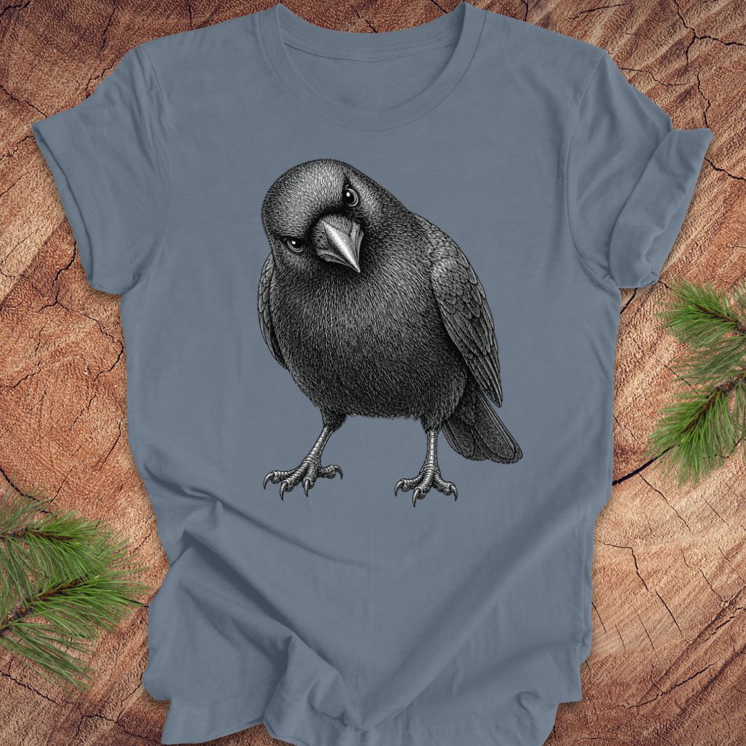 Blue t-shirt with a crow design on a wood background.