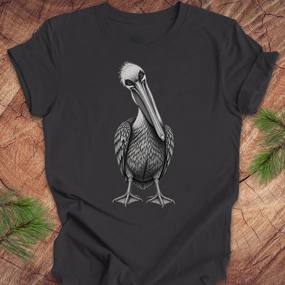 A dark charcoal gray t-shirt featuring a detailed black and white graphic of a standing pelican, laid flat on a rustic wood background with pine needles in the corners.