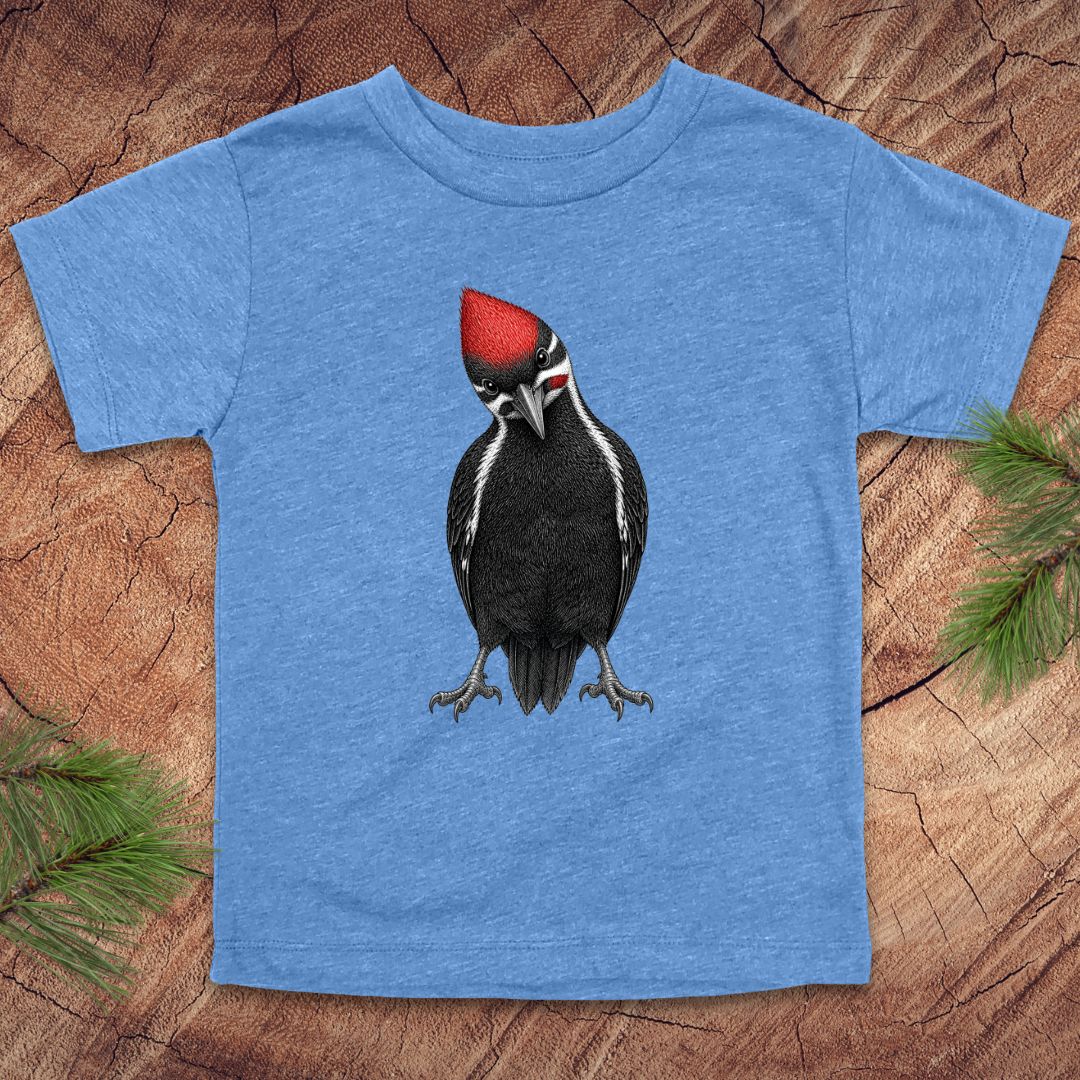 Blue toddler t-shirt with a woodpecker design on a wooden surface