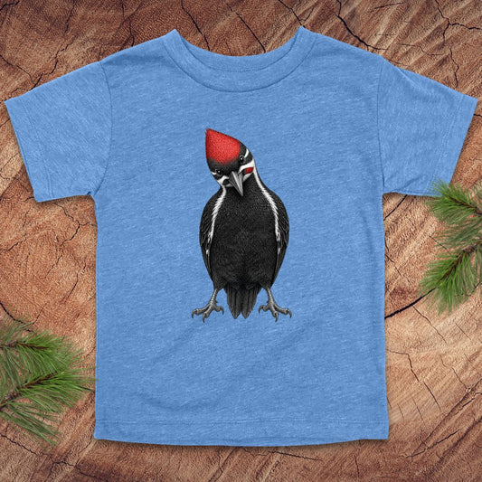 Blue toddler t-shirt with a woodpecker design on a wooden surface