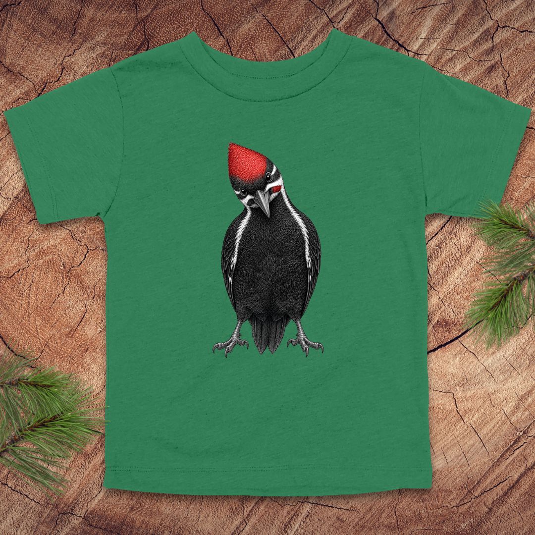 Green toddler t-shirt with a woodpecker design on a wooden surface