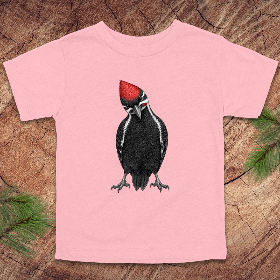 Pink toddler t-shirt with a woodpecker design on a wooden surface