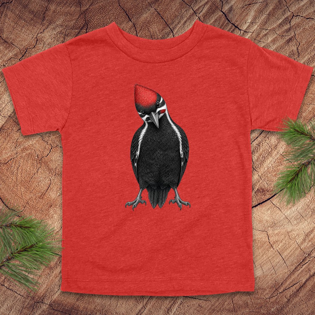 Red toddler t-shirt with a woodpecker design on a wooden surface