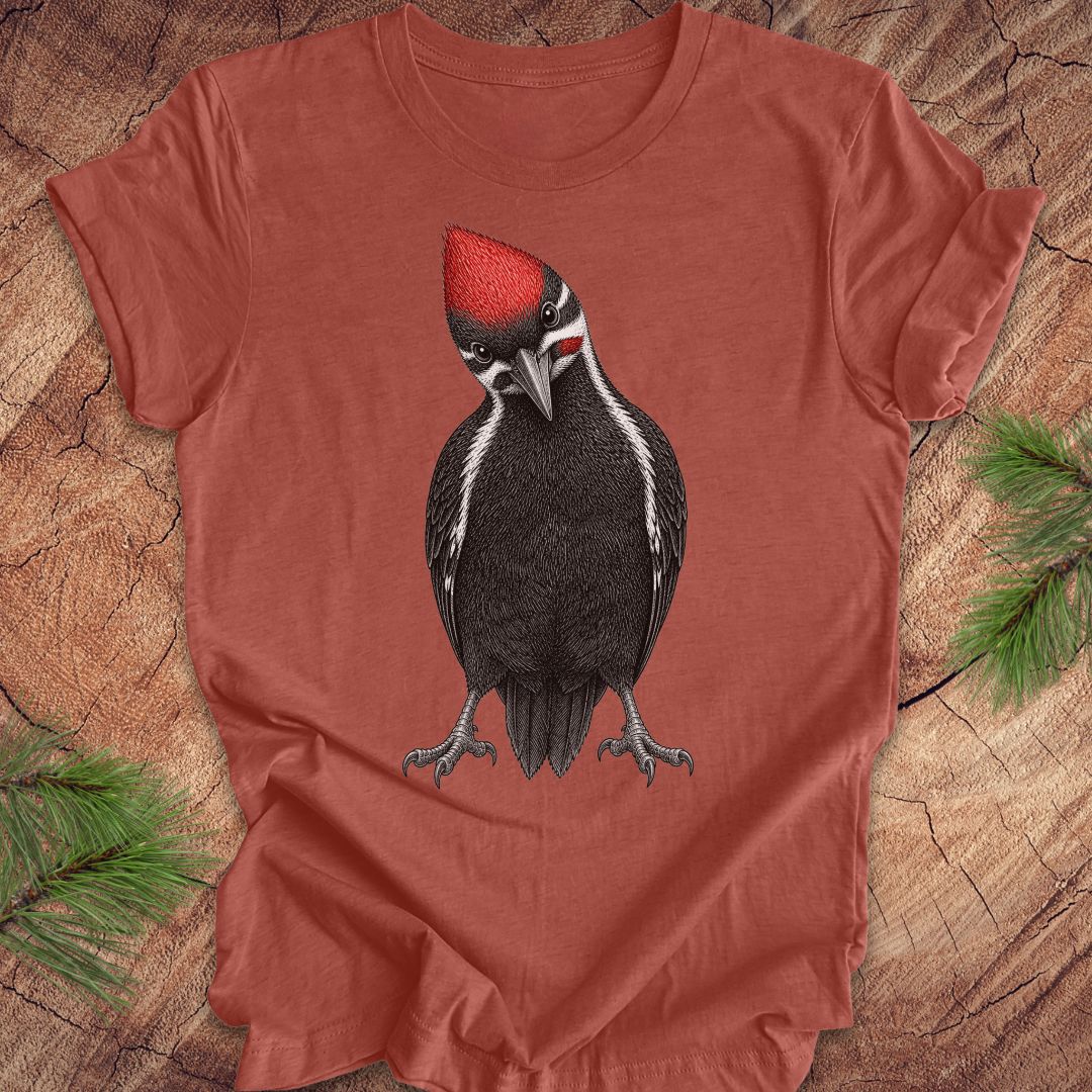 Red t-shirt with a woodpecker design on a wooden surface