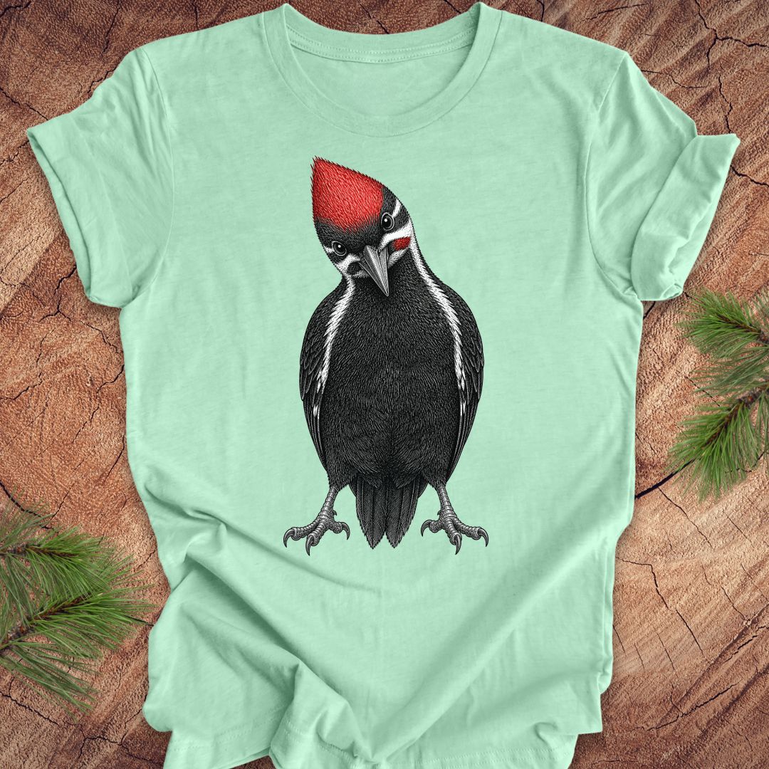Light green t-shirt with a woodpecker design on a wooden surface