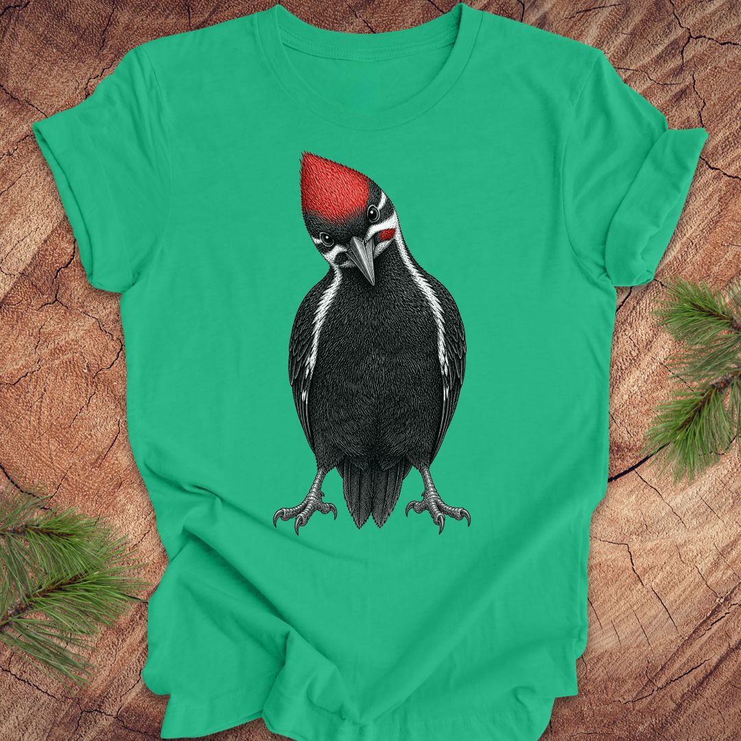 Green t-shirt with a woodpecker design on a wooden surface