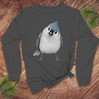 Gray long-sleeve t-shirt with a titmouse graphic on a wood background.
