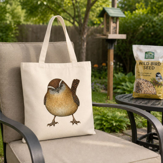 Tote bag with a carolina wren design on a chair in a garden setting