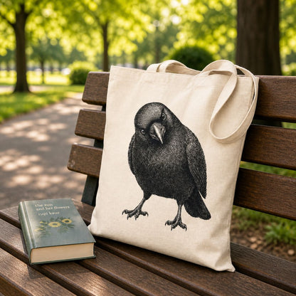 Tote bag with a crow design on a bench in a park