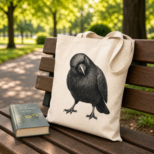 Tote bag with a crow design on a bench in a park