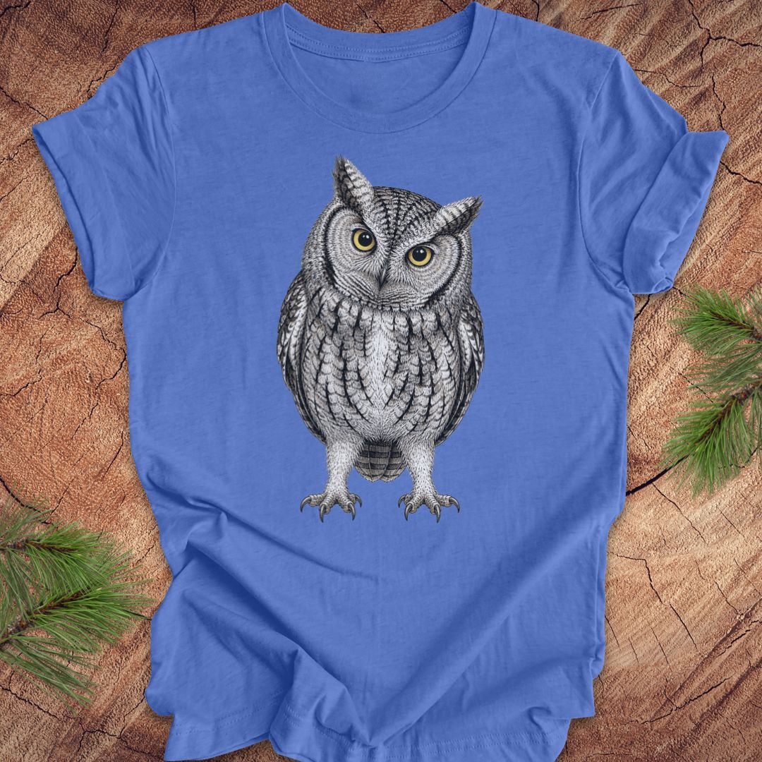 Blue t-shirt with an owl design on a wooden surface