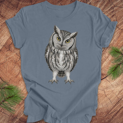 Blue t-shirt with an owl design on a wooden surface