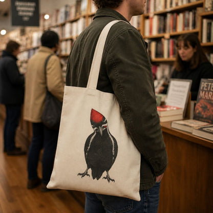 Person holding a tote bag with a woodpecker design in a bookstore.