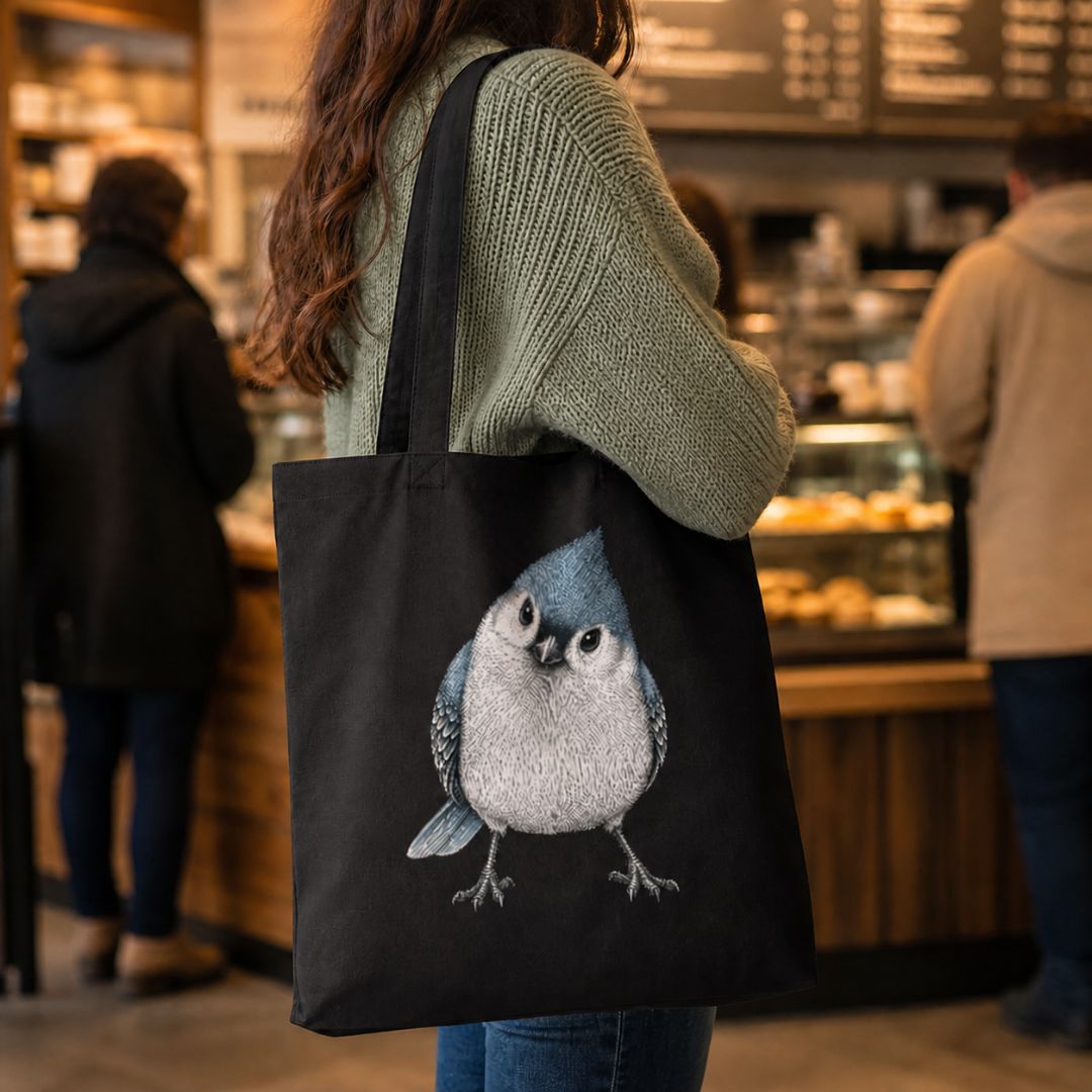 Person holding a black tote bag with a titmouse design in a cafe setting