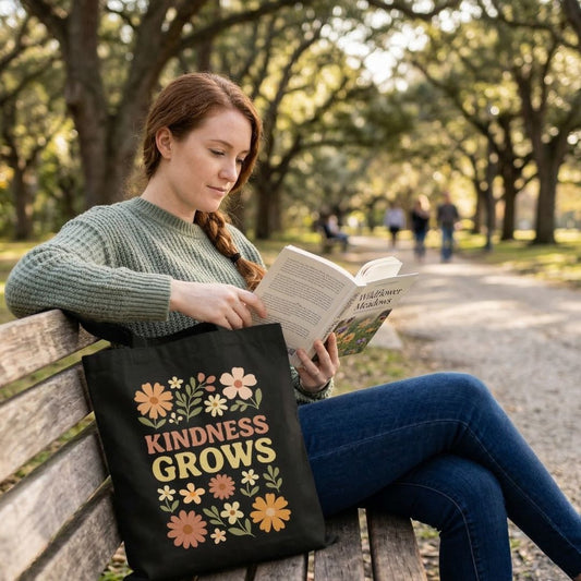 Woman reading a book with a 'Kindness Grows' tote bag on a park bench.