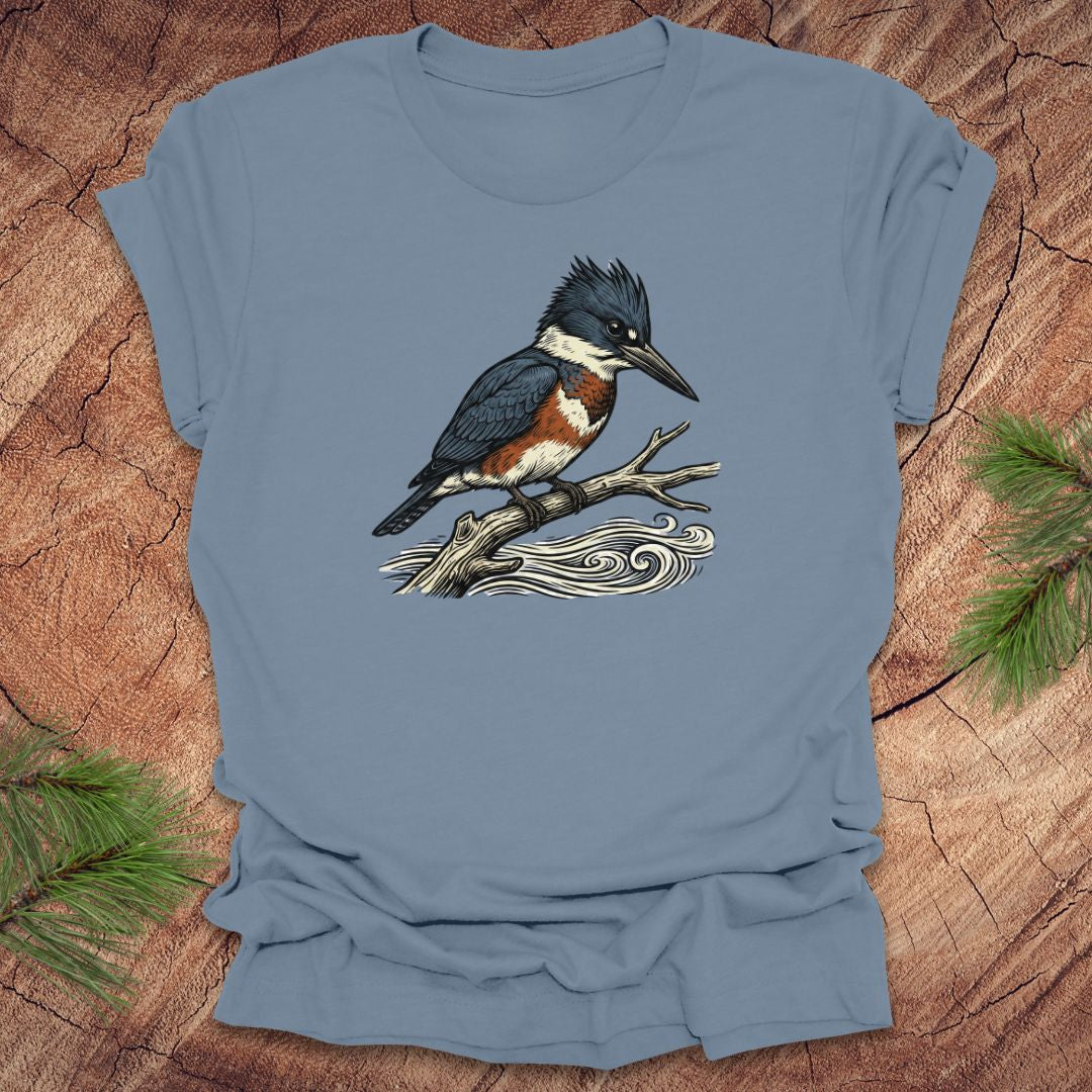 Steel blue t-shirt with a kingfisher bird design on a wooden surface