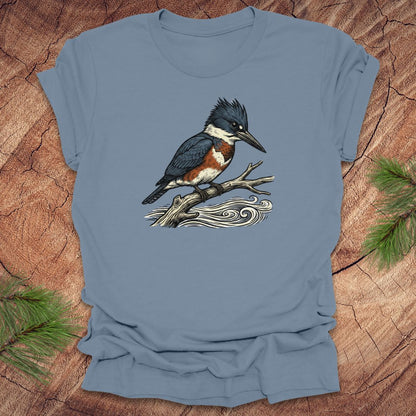 Steel blue t-shirt with a kingfisher bird design on a wooden surface