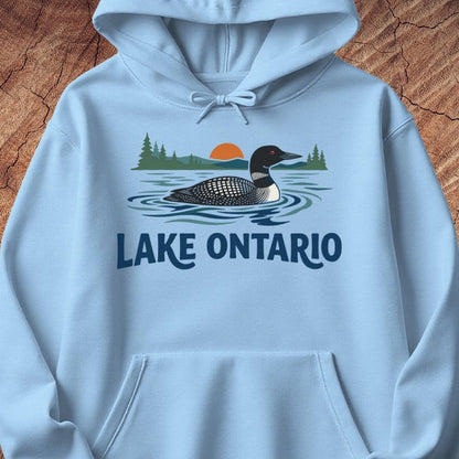 A light blue pullover hoodie laid flat on a textured brown wood background, featuring a printed graphic of a loon in Lake Ontario with the words 'LAKE ONTARIO' in dark blue text.