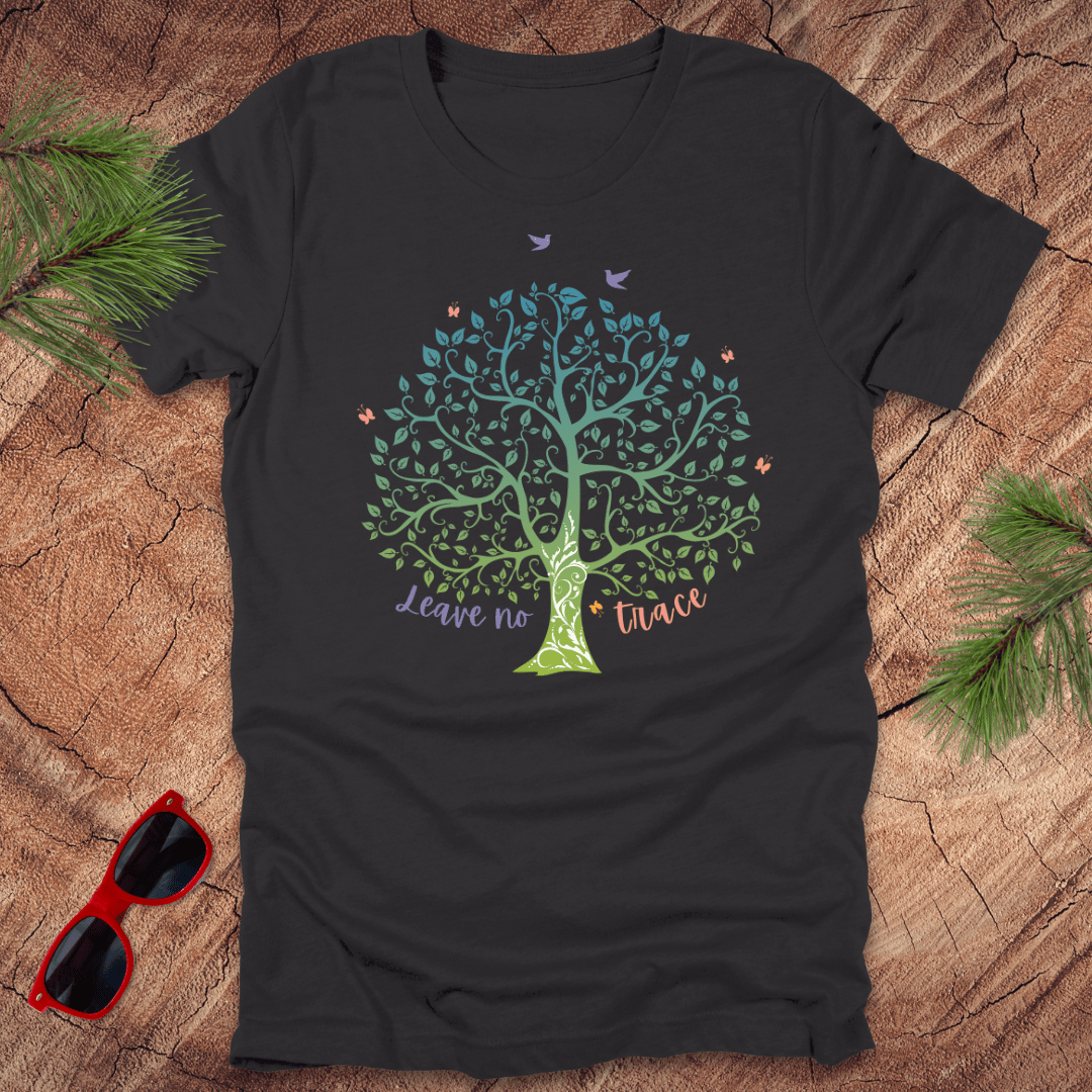 A dark gray t-shirt with a graphic of a tree and the phrase 'Leave no Trace', surrounded by leaves and birds.