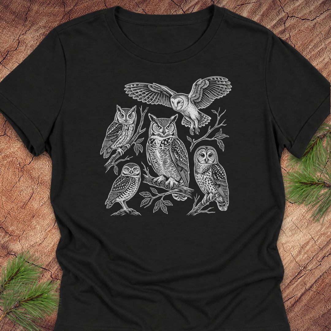 A black short-sleeve crewneck t-shirt featuring a detailed white line art graphic of five owls perched on branches, laid flat on a rustic wood background with pine needles in the corners.