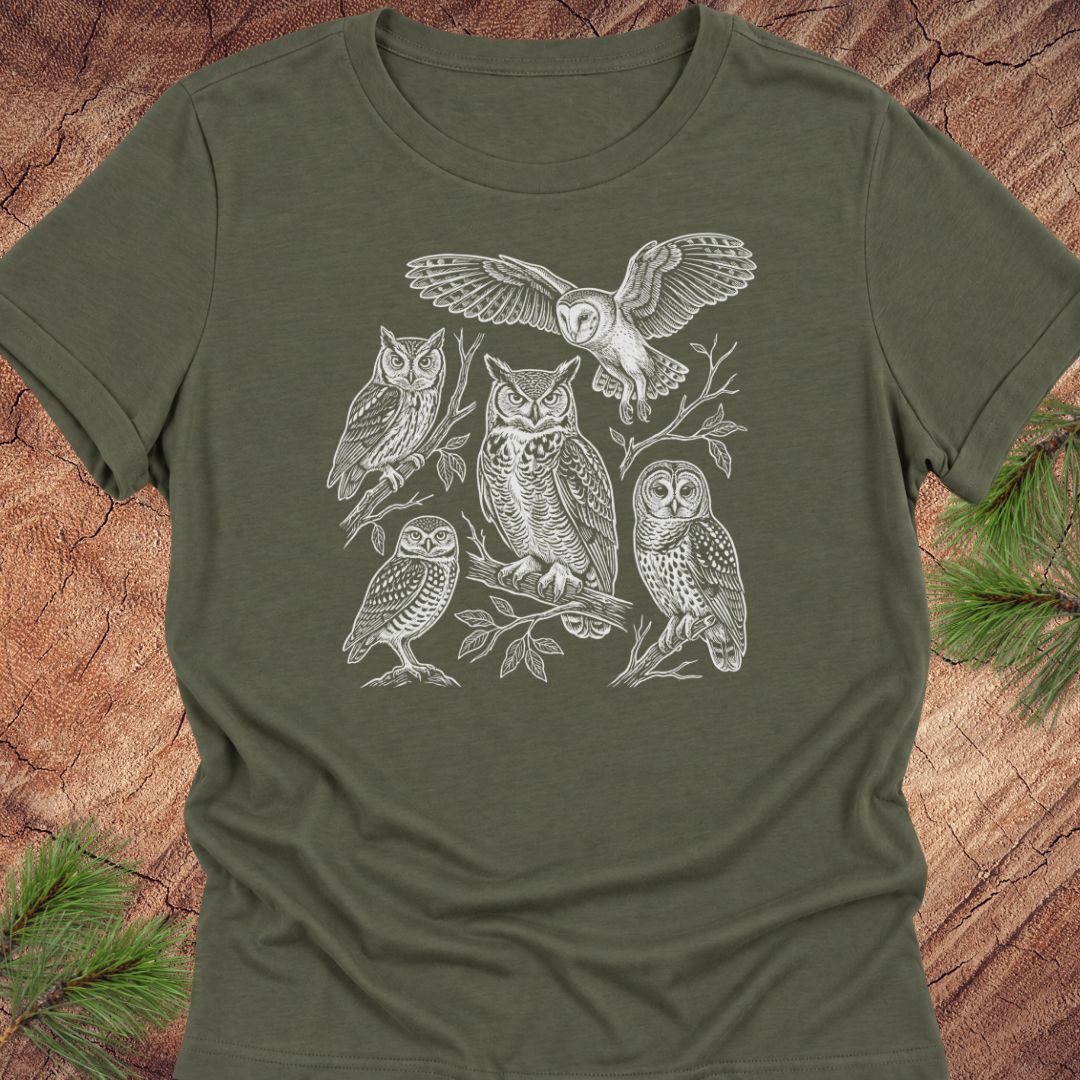 An olive green short-sleeve t-shirt featuring a detailed white line art graphic of five different owl species, displayed flat on a rustic wood background with pine needles in the corners.