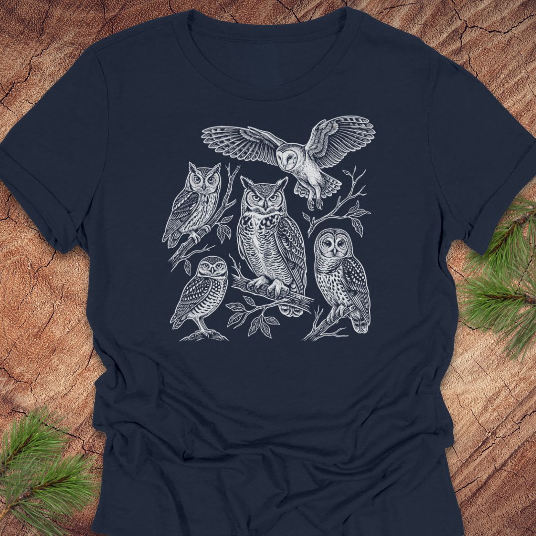 A navy blue short-sleeve t-shirt with a detailed white line art graphic of five owls perched on branches, laid flat on a textured wood background with pine needles in the corners.