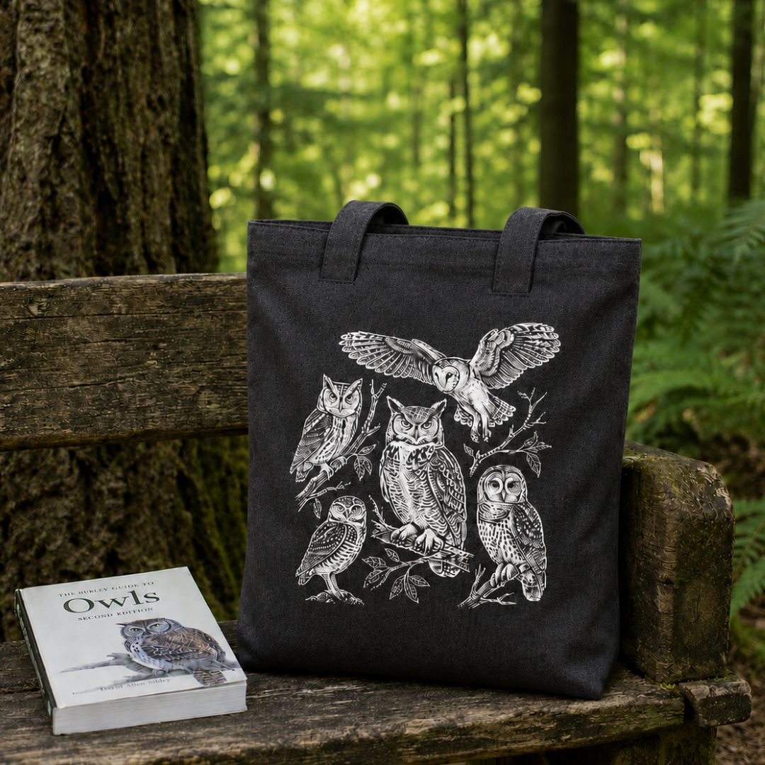 A black canvas tote bag with a white line art print of four owls, displayed on a rustic wooden bench in a forest setting next to a book titled 'Owls'.
