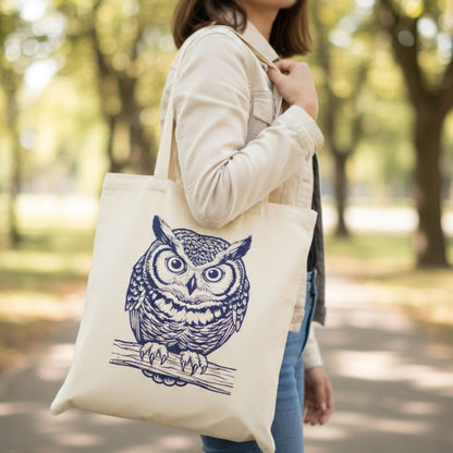 Person holding a tote bag with an owl design in a park setting