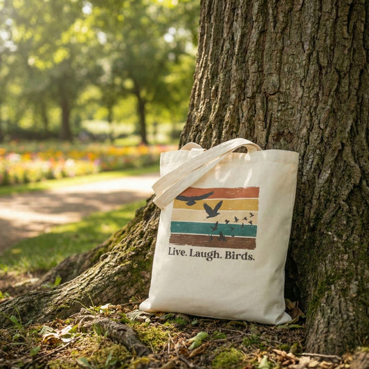 Canvas tote bag with bird design and text, 'Live. Laugh. Birds." sitting up against a tree in a park.