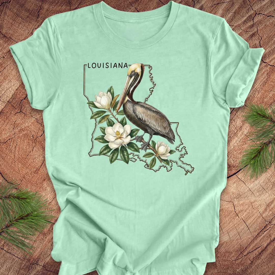 Mint green t-shirt with Louisiana-themed design featuring a pelican and magnolias on a wooden surface.