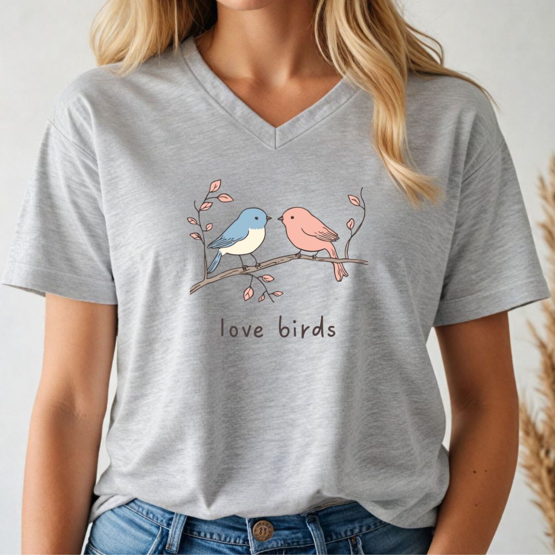 Person wearing a gray v-neck t-shirt with 'love birds' design and cartoon birds.