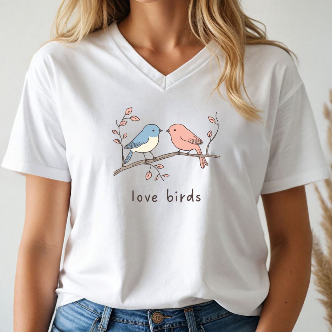 Person wearing a white v-neck t-shirt with 'love birds' design on a plain background