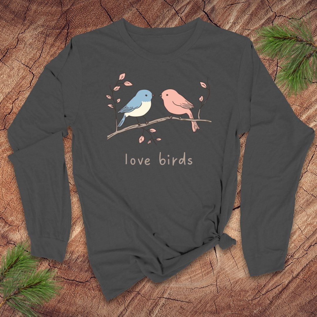 Dark gray long-sleeve shirt with 'love birds' design on a wooden surface