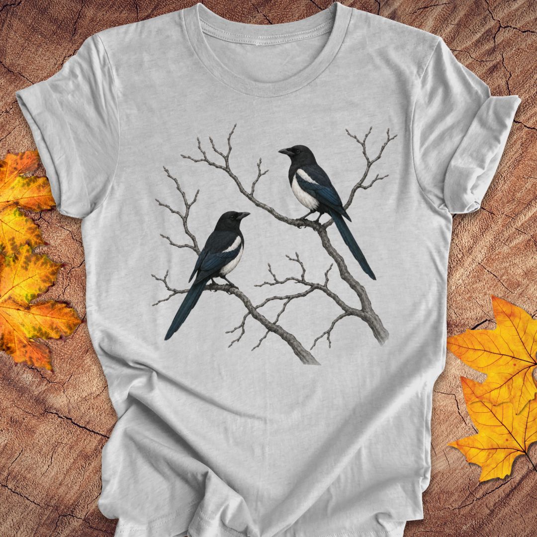A light gray short-sleeve t-shirt with a graphic of two magpies perched on bare tree branches, displayed flat on a rustic wood background with autumn leaves.