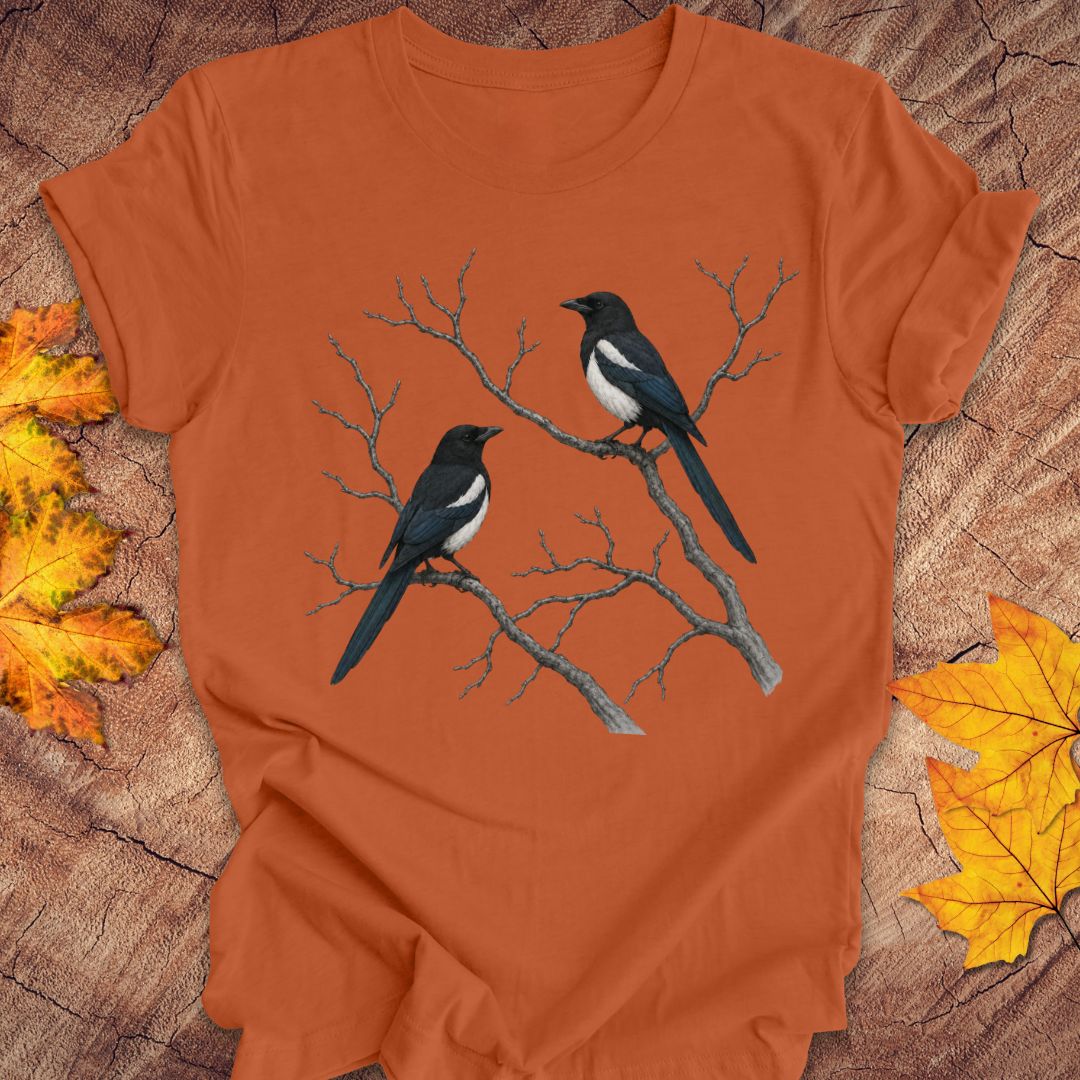 An orange short-sleeve t-shirt with a graphic of two magpies perched on bare branches, laid flat on a rustic wood background with autumn leaves.