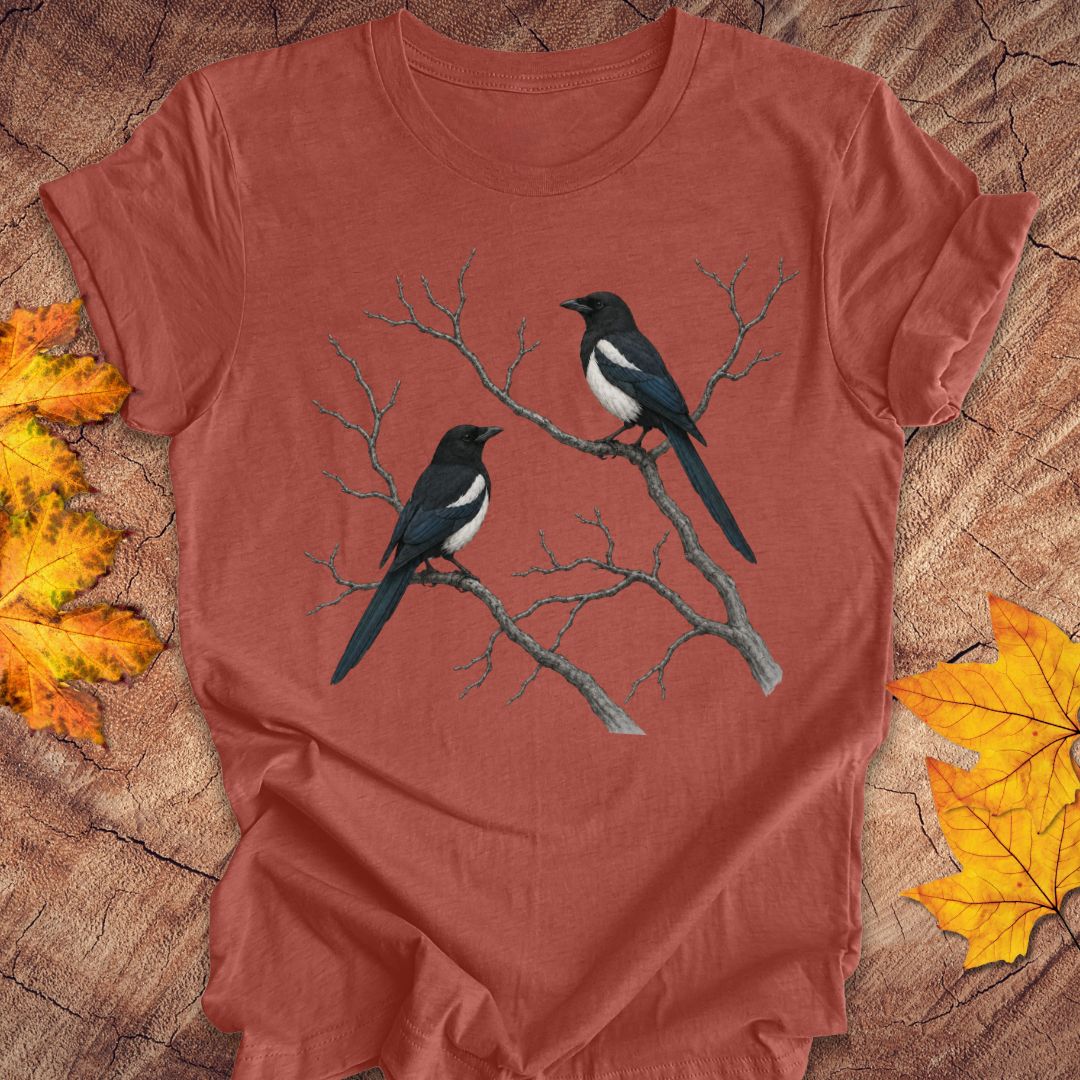 A rust-colored short-sleeve t-shirt with a graphic of two magpies perched on bare tree branches, displayed flat on a rustic wood background with autumn leaves.