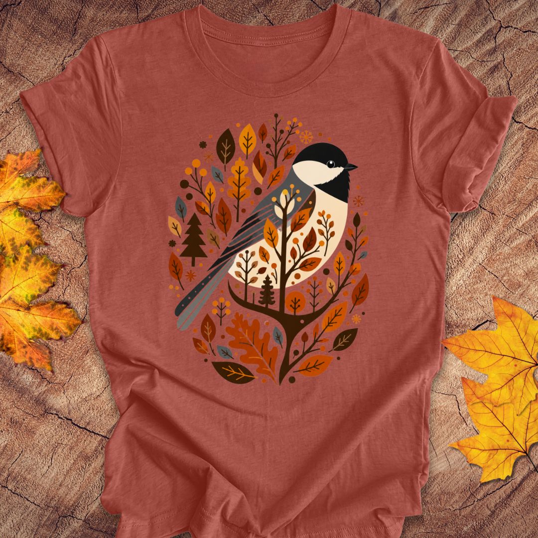 A terracotta-colored short-sleeve t-shirt with a graphic of a bird surrounded by autumn leaves, displayed on a rustic wood background with scattered yellow leaves.