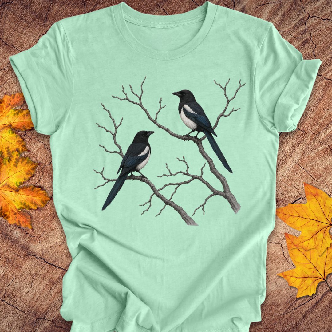 A mint green short-sleeve t-shirt featuring a graphic of two magpies on bare tree branches, laid flat on a rustic wood background with autumn leaves.