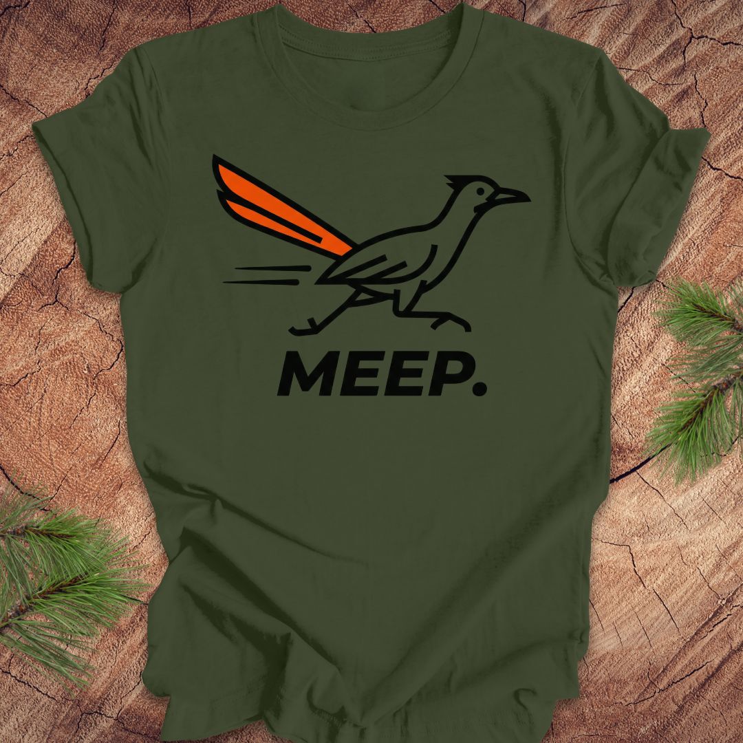 An olive green short-sleeve t-shirt with a graphic of a roadrunner running and the word 'MEEP.' in black, with the tail highlighted in orange.