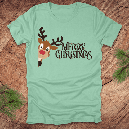 Mint green t-shirt with a reindeer peeking out from the side and 'Merry Christmas' text on a wooden surface.