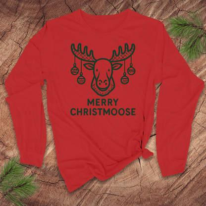 Red long-sleeve shirt with a moose graphic and 'Merry Christmoose' text on a wooden surface.
