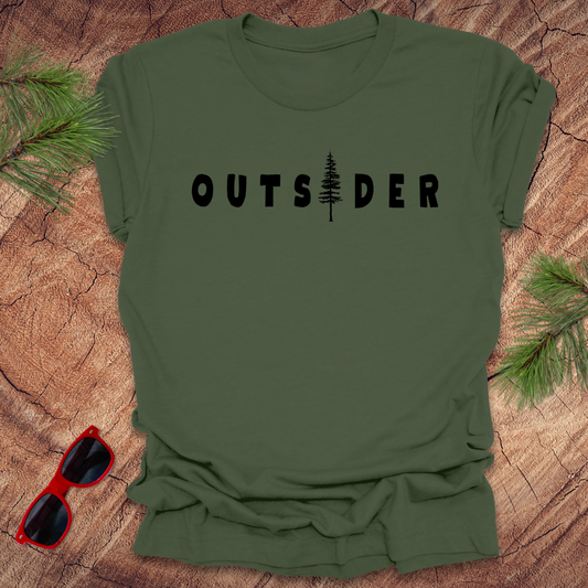 Flat lay of military green Outsider t-shirt by Wandering Owl Adventure Co.