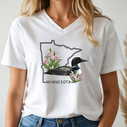 White t-shirt with Minnesota-themed design featuring a loon and wildflowers.
