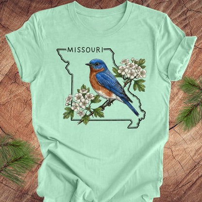 Light green t-shirt with a bluebird and Missouri outline design on a wooden surface.