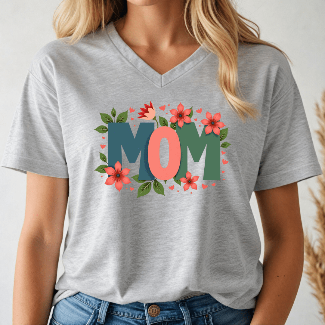Gray t-shirt with 'MOM' and floral design worn by a person