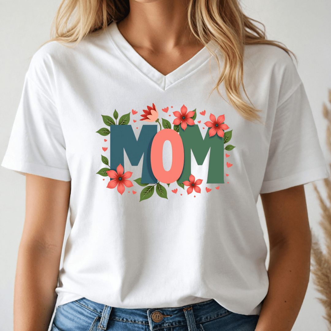 White t-shirt with 'MOM' and floral design worn by a person