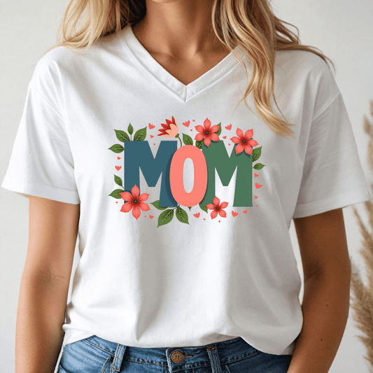 White t-shirt with 'MOM' and floral design worn by a person