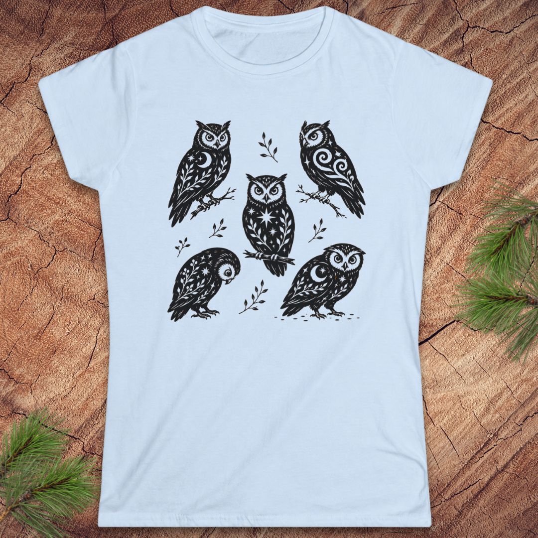 Light blue women's t-shirt with 5 owls with moons and star decorations, on a wood background.