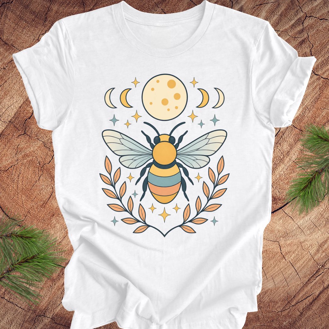 White t-shirt with a bee and moon design on a wooden surface